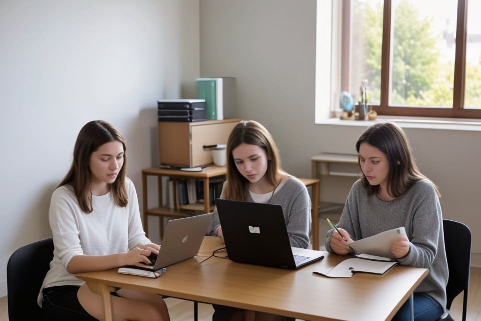 Three women working on laptops at a table in a bright room with a window.