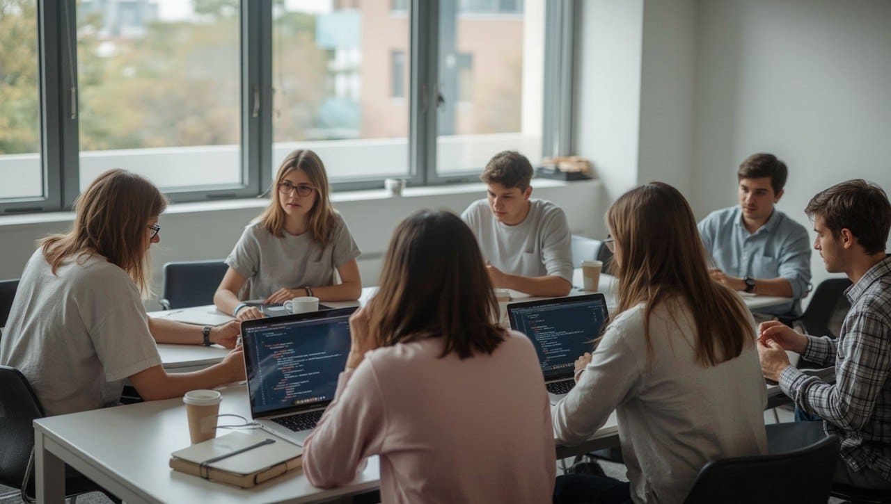 Group of people working together with C++ course at a table with laptops in a bright room.
