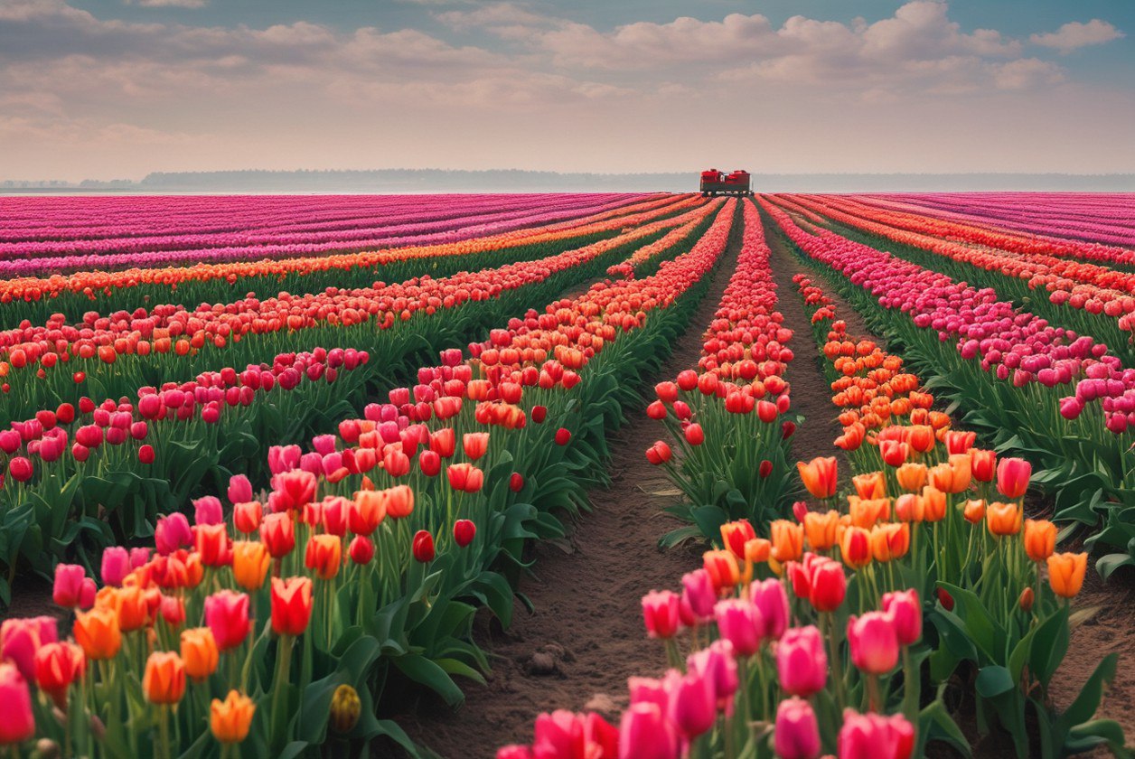 Colorful tulip field with a tractor in the distance under a cloudy sky.