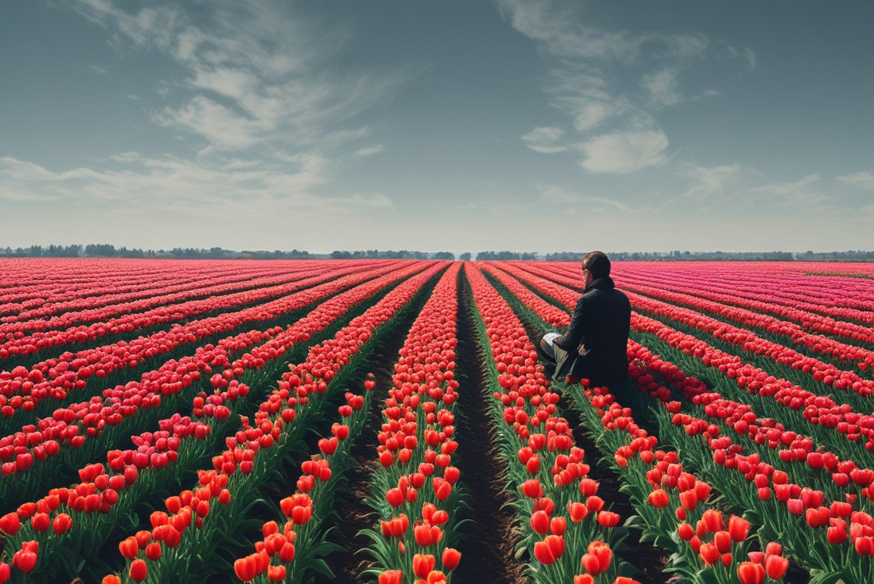 Person sitting with laptop in a field of red tulips under a blue sky with clouds.