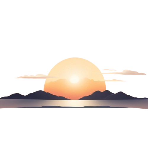 Simplified icon of a sunset over mountains with a white background