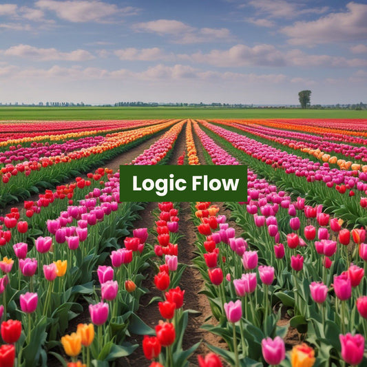 Colorful tulip C++ course cover with 'Logic Flow' logo overlay