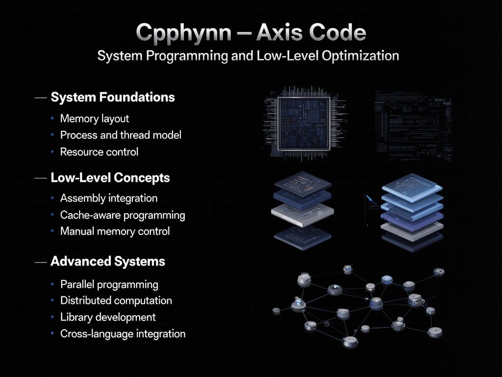 Diagram about Cpphynn - Axis Code with system programming and low-level optimization topics on a black background.
