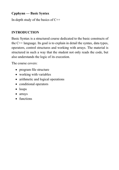 Preview PDF of the C++ course "Basic Syntax"