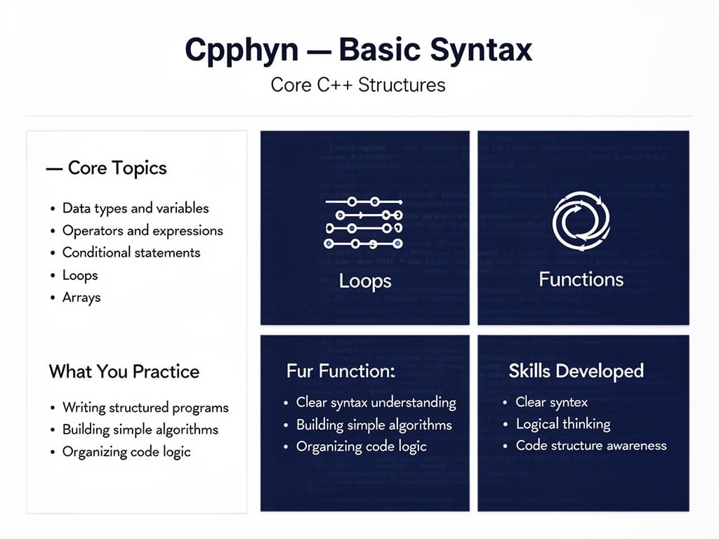 Cpphyn basic syntax guide with core C++ structures on a white background