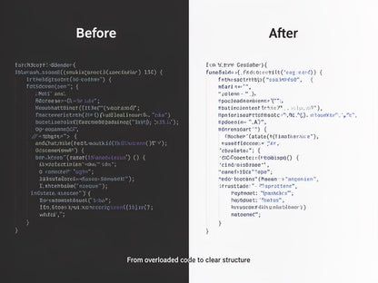 Comparison of overloaded code on the left and clear structure on the right.