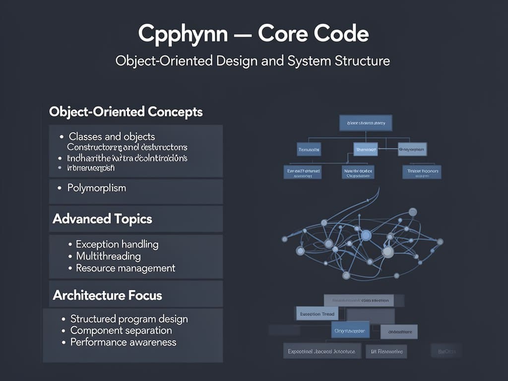 Diagram of object-oriented design and system structure with Cpphynn branding on a dark background