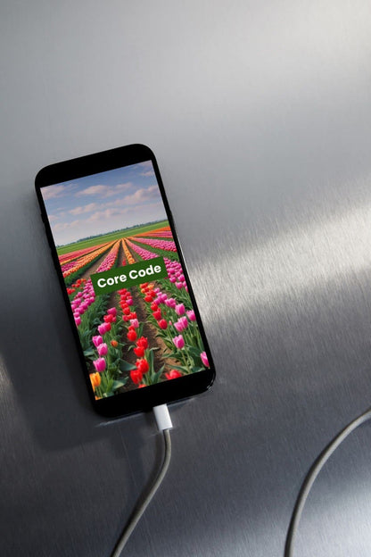 Phone displaying C++ course cover 'Core Code' on a metallic surface