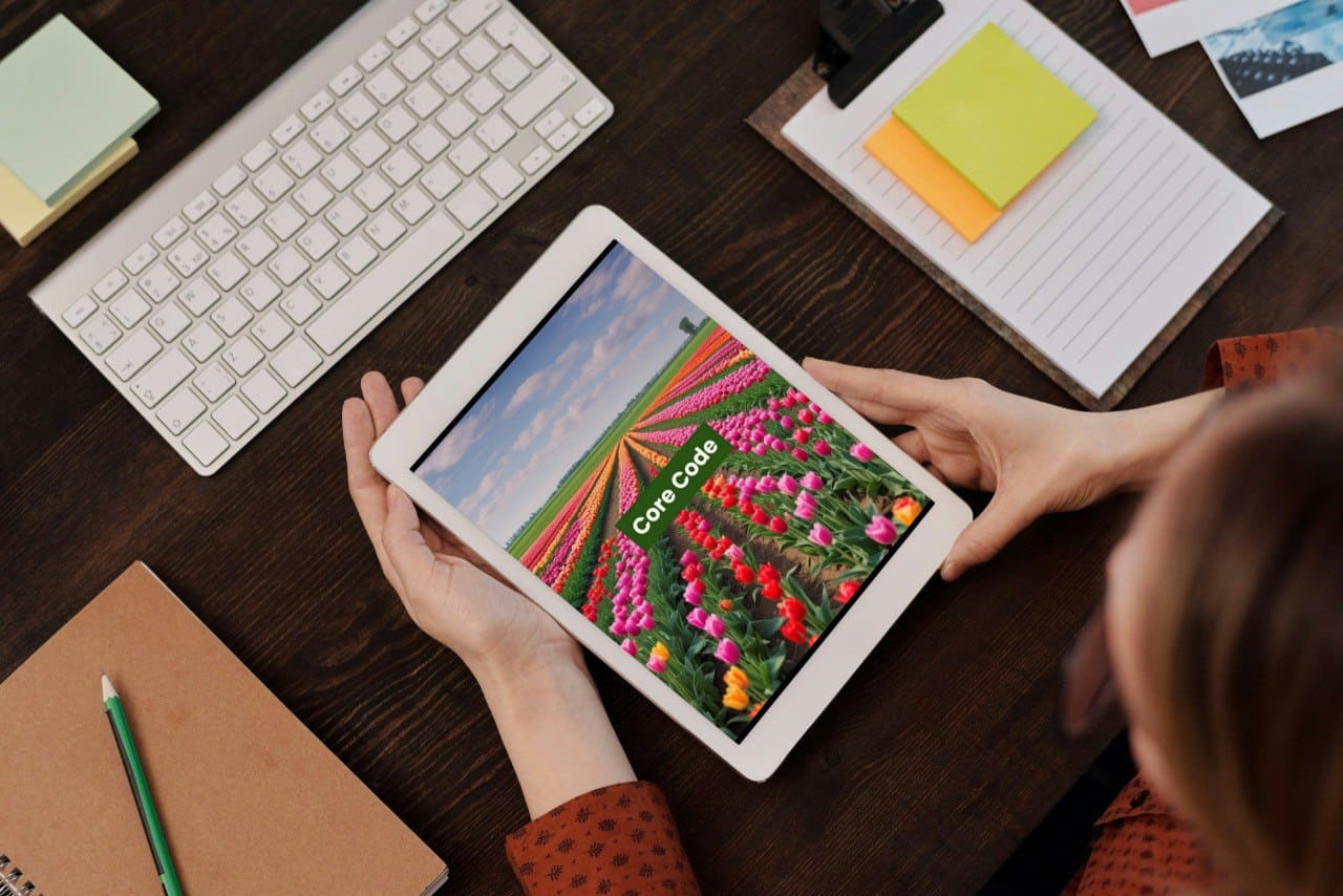 Person holding a tablet with a colorful C++ course cover named 'Core Code' on a desk with a keyboard and stationery items