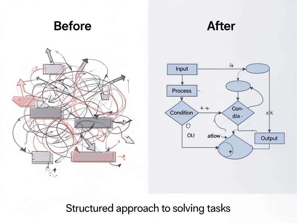 Comparison of a complex diagram labeled 'Before' and a simplified flowchart labeled 'After' on a white background.
