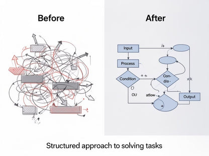 Comparison of a complex diagram labeled 'Before' and a simplified flowchart labeled 'After' on a white background.