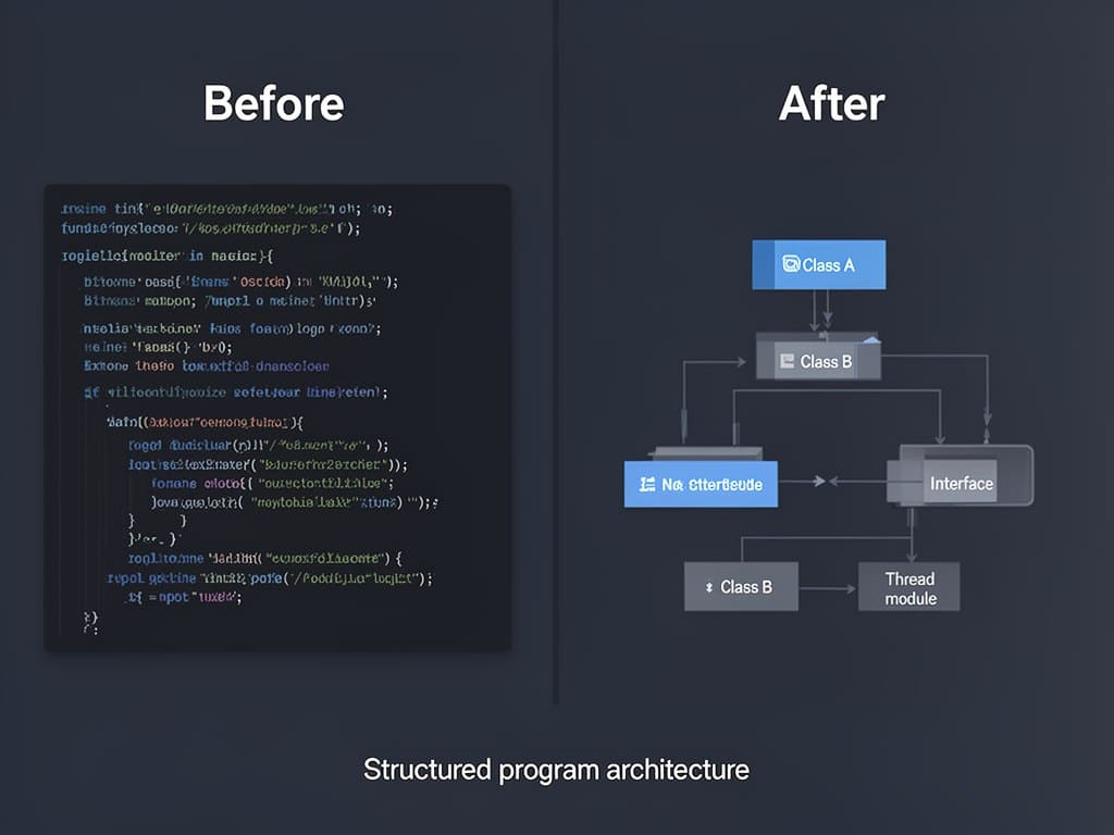 Comparison of code snippet on the left and a structured program architecture diagram on the right.