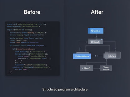 Comparison of code snippet on the left and a structured program architecture diagram on the right.