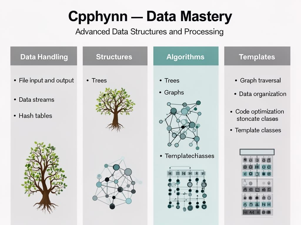 Diagram of data structures and processing with trees, graphs, and templates.