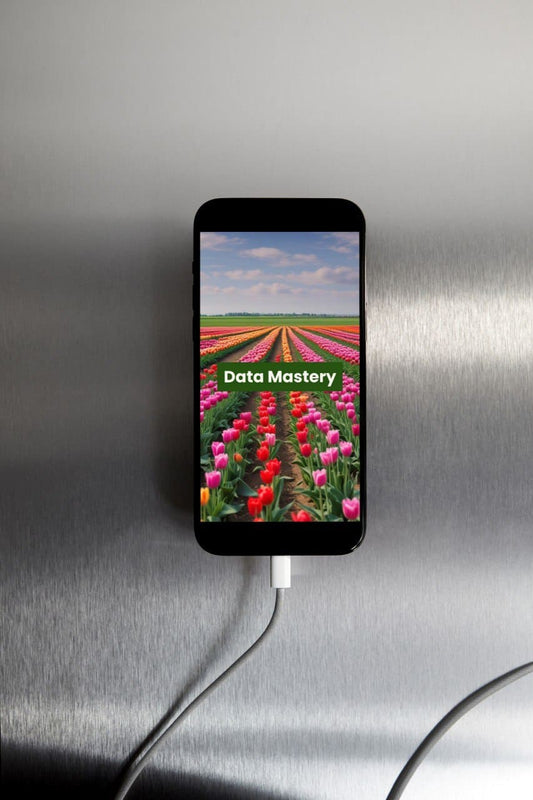Smartphone displaying 'Data Mastery' C++ course with tulip field image on a metallic surface
