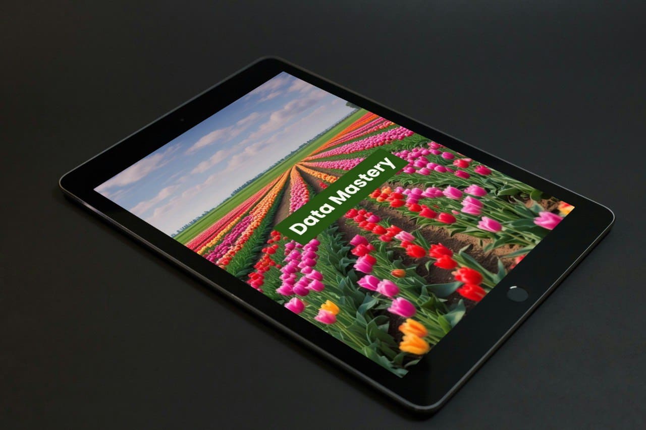 Tablet displaying a colorful tulip corse cover with 'Data Mastery' text on a dark background