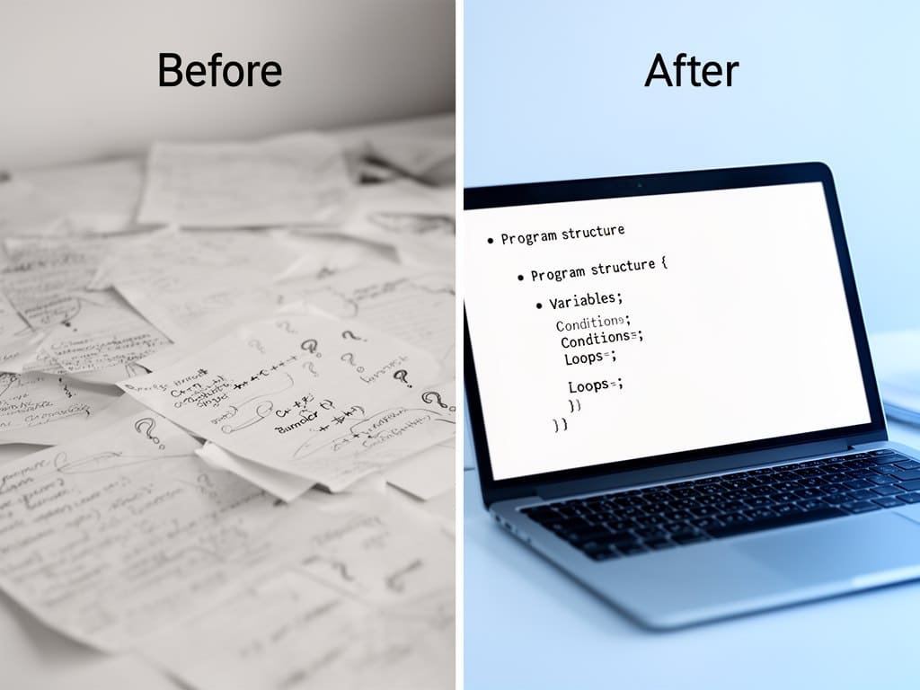 Comparison of handwritten notes with a laptop displaying code on a light blue background.