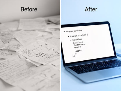 Comparison of handwritten notes with a laptop displaying code on a light blue background.