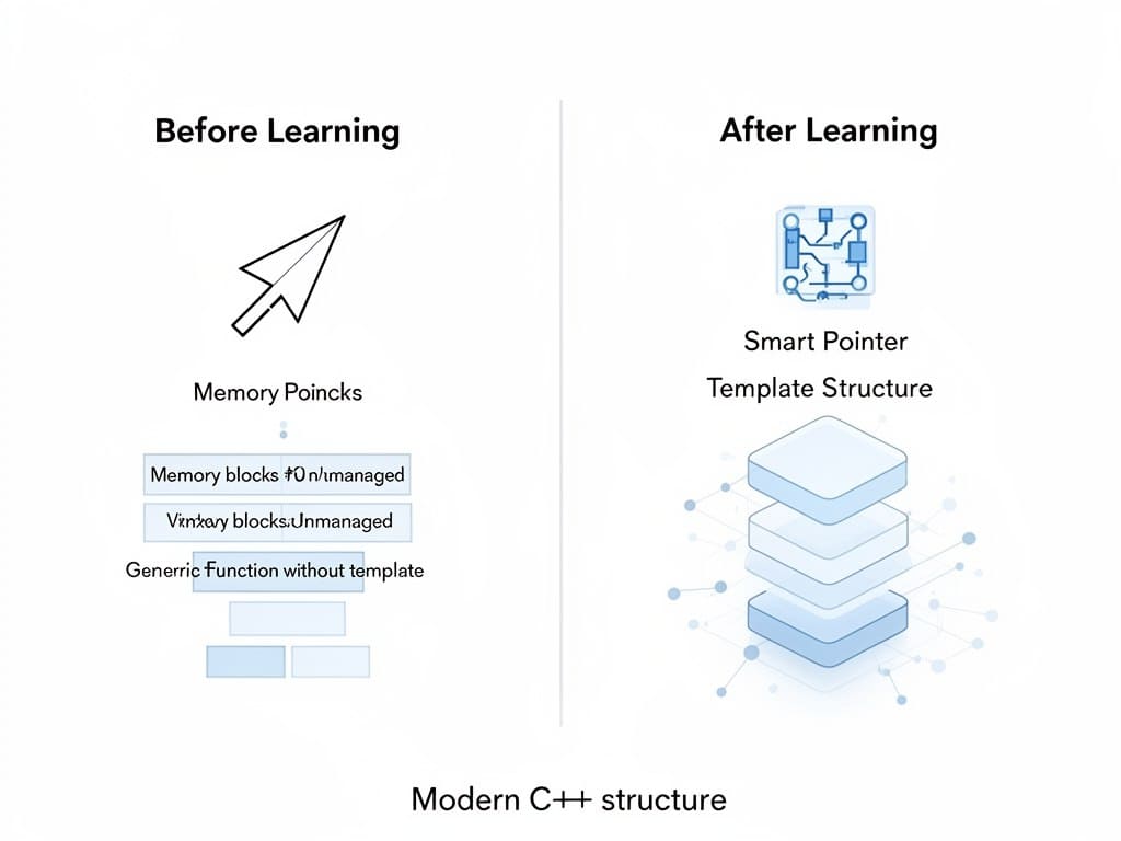 Comparison of memory management concepts before and after learning modern C++ structure.