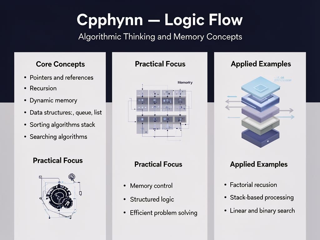 Diagram of Cpphynn logic flow with algorithmic thinking and memory concepts.