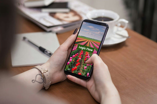 Person holding a smartphone with a C++ course 'Logic Flow' on a table with a notebook and coffee cup.