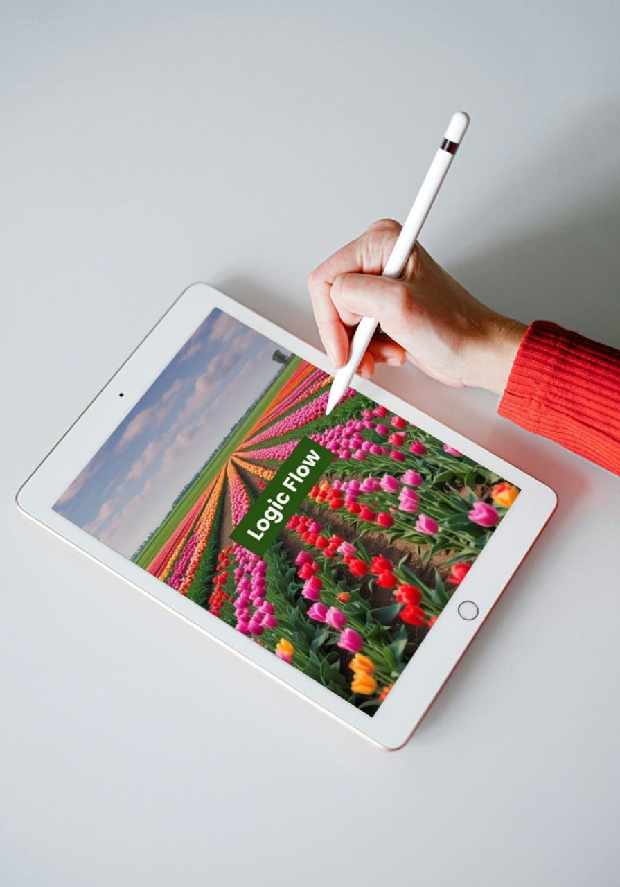 Person holding a stylus over an iPad displaying a colorful C++ PDF course cover 'Logic Flow' on a light gray background