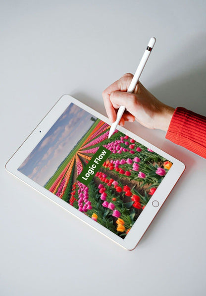 Person holding a stylus over an iPad displaying a colorful C++ PDF course cover 'Logic Flow' on a light gray background