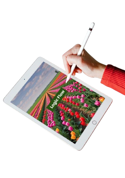 Hand holding a stylus over an iPad displaying a 'Logic Flow' course cover.