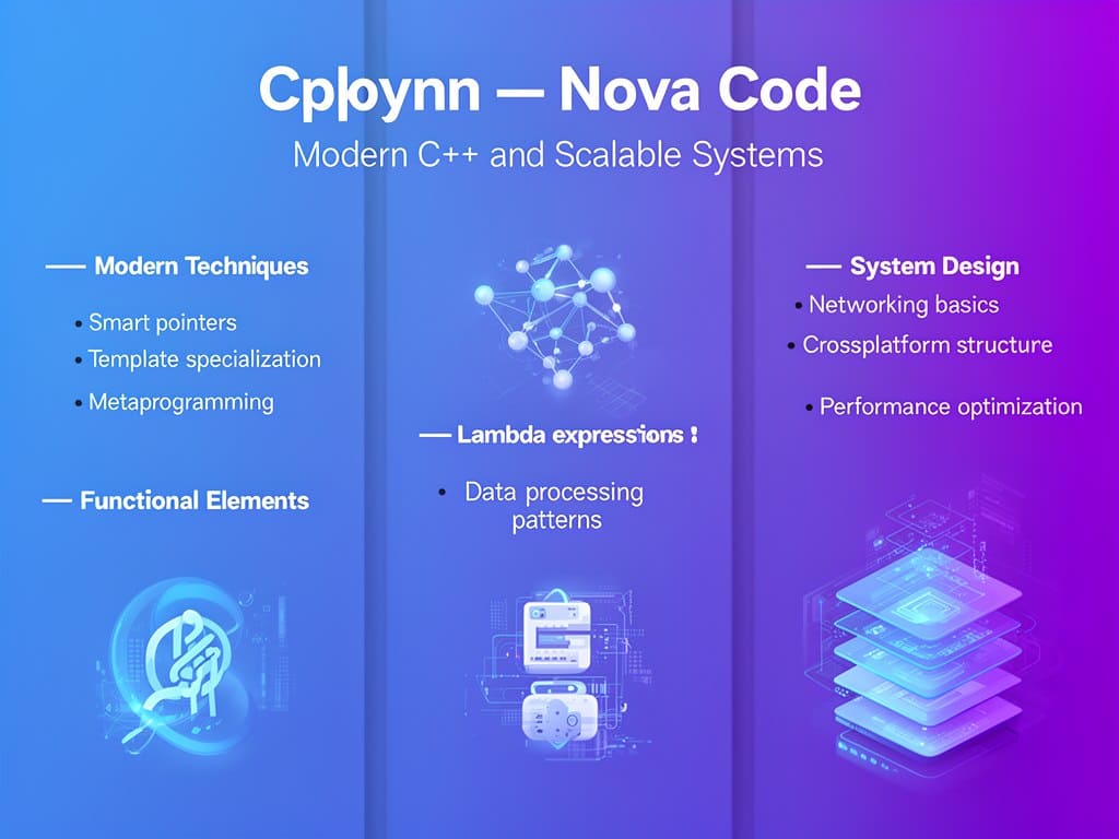Promotional graphic for Cploynn Nova Code, featuring modern C++ and scalable systems with icons and text on a blue and purple gradient background.