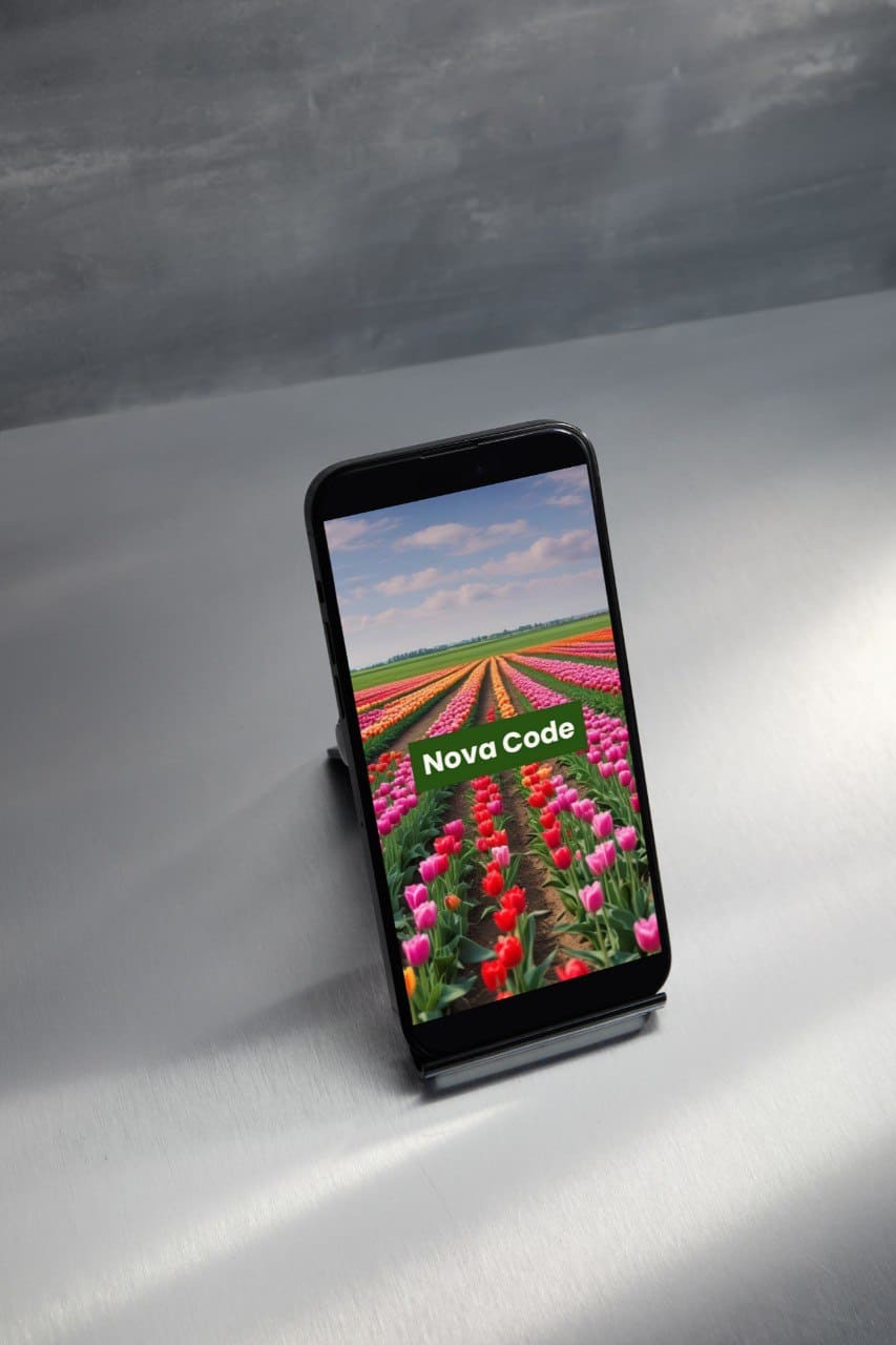 Smartphone on a stand displaying a colorful tulip C++ course cover with 'Nova Code' branding.