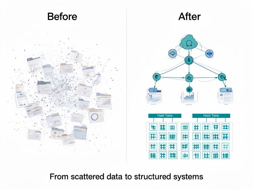 Comparison of scattered data on the left to structured systems on the right, with text 'From scattered data to structured systems'.