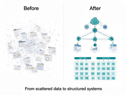 Comparison of scattered data on the left to structured systems on the right, with text 'From scattered data to structured systems'.